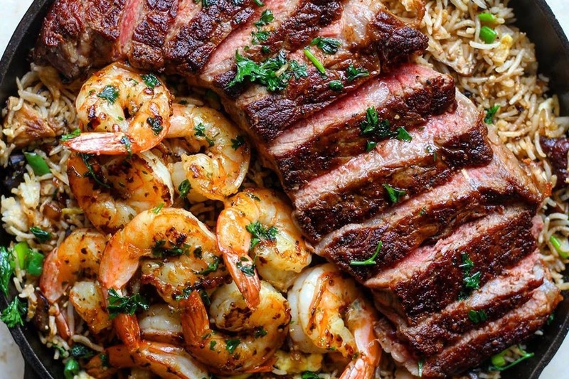 Surf and Turf Fried Rice (Shrimp and Steak)