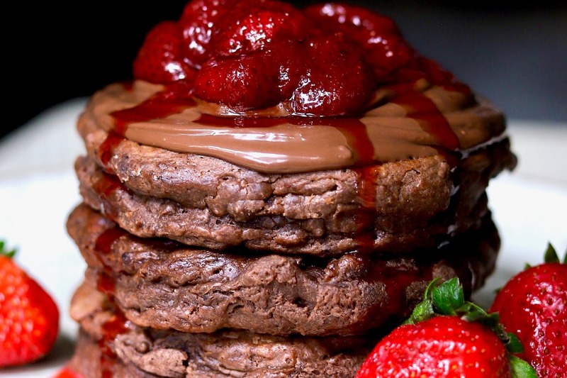 Fluffy Chocolate Pancakes with Nutella and Strawberry Compote