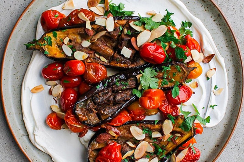 Moroccan Spiced Eggplant With Tomatoes and Labneh