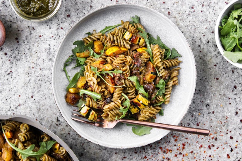 One-Pot Vegan Pasta With Squash, Mushrooms and Pecan Pesto