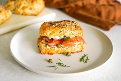 Cheddar and Everything Bagel Biscuit Breakfast Sandwich