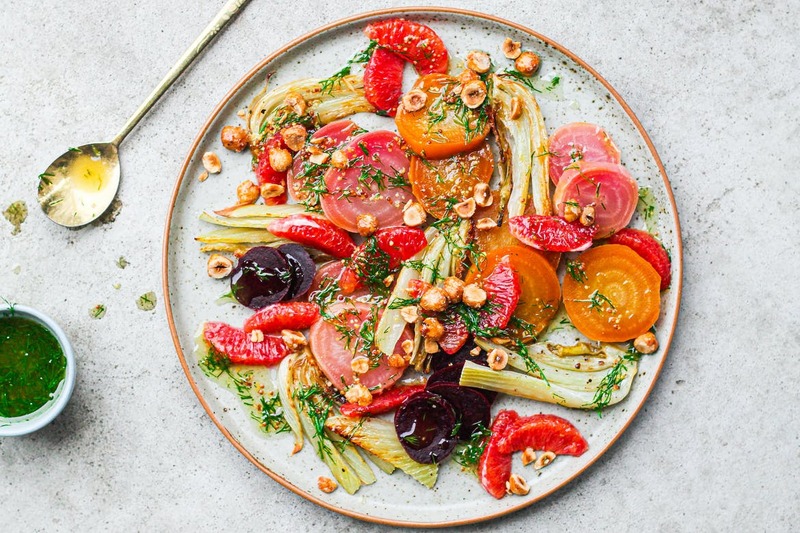 Roasted Beets and Fennel Salad with Candied Hazelnuts