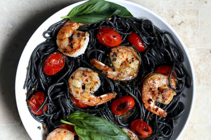 Squid Ink Pasta With Cherry Tomatoes and Shrimp