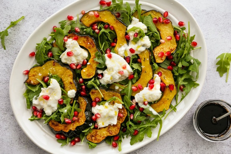 Roasted Squash Salad With Burrata, Pomegranate and Balsamic Reduction