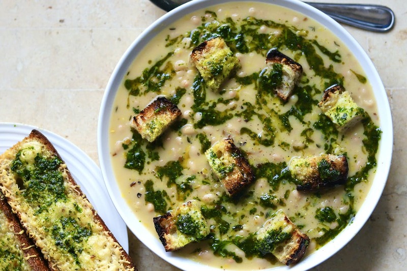 Creamy White Bean Soup and Toasted Cheese Sourdough Croutons